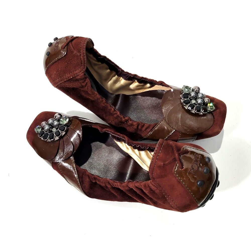 Tod's Brown Suede & Leather Embellished Ballet Flats